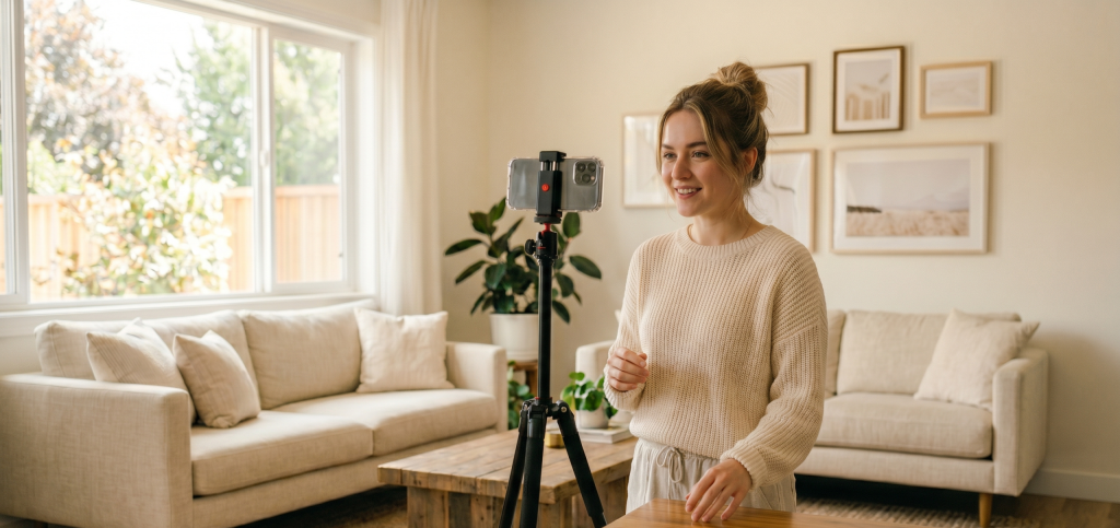 Influencer filming content in a cozy home setting